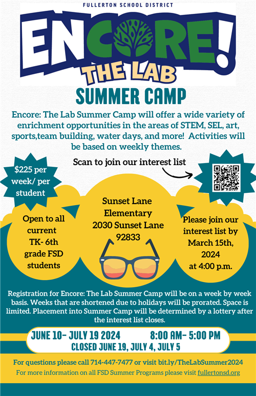 Flyer with description of The Lab summer camp and a QR code to scan